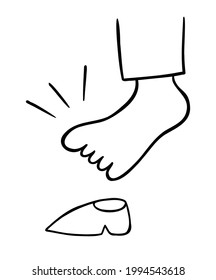 Cartoon vector illustration of man's big foot and small shoes. Black outlined and white colored.