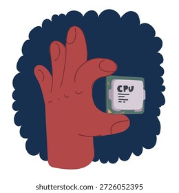 Ilustración vectorial de dibujos animados de la mano del hombre sosteniendo un procesador de computadora sobre fondo oscuro