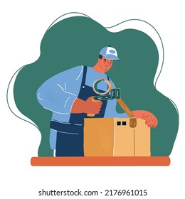 Cartoon vector illustration of manual worker at production line dealing with boxes