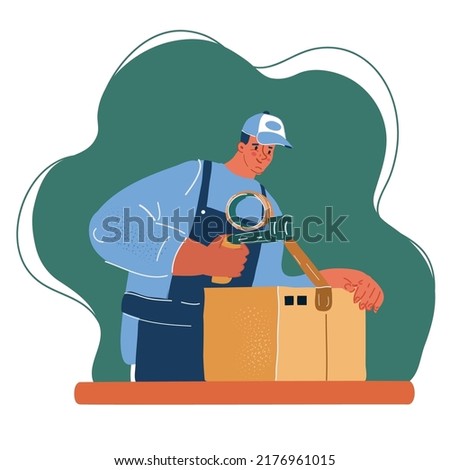 Cartoon vector illustration of manual worker at production line dealing with boxes