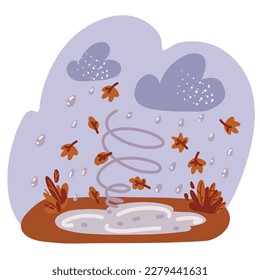 Cartoon vector illustration of Many autumn leaves moving by gust wind