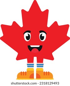 Cartoon vector illustration of a maple leaf. Canadian mascot. Canada team. Canadian nationality. Happy maple leaf character.