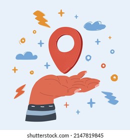 Cartoon vector illustration of mapping pins icon on human hand