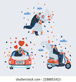 Cartoon vector illustration of Marriage couple. Just married couples, wedding dancing weddings celebration. Newlywed bride groom, ceremony or new husband and wife family. Scooter, car, honeymoon