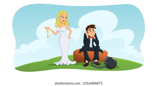 cartoon vector illustration of marriage-chained for life