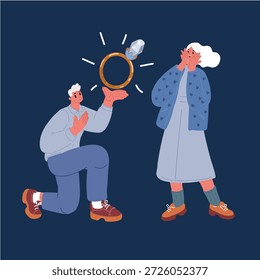 Ilustração vetorial de Marry Me. Homem segurando anel de noivado para namorada excitada pedindo-lhe para ser sua esposa durante o encontro romântico de pé em um joelho sobre fundo escuro