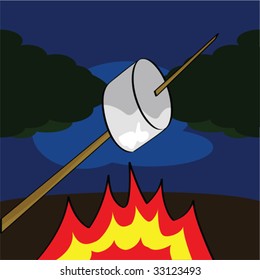 Cartoon vector illustration of a marshmallow being roasted on an open fire outdoors