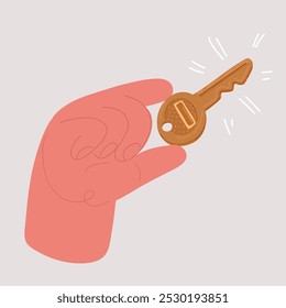 Cartoon vector illustration of Masters hand holding key unlocking, opening door to success. Access to secret, security and private.