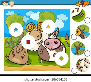 Cartoon Vector Illustration of Match the Pieces Educational Game for Preschool Children