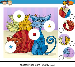 Cartoon Vector Illustration of Match the Pieces Educational Game for Preschool Children with Colorful Cats Fantasy Characters