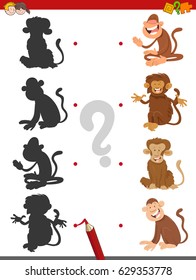 Cartoon Vector Illustration of Matching Shadows with Pictures Educational Activity Game for Children with Monkeys Animal Characters