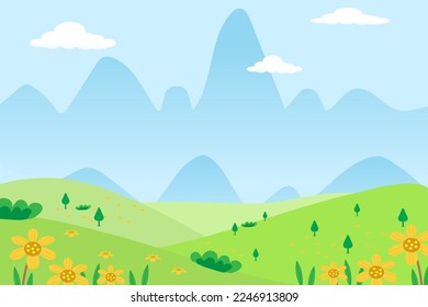 Cartoon vector illustration meadow and mountain sunset,Blue sky with clouds with hills and paddy field in nature landscape