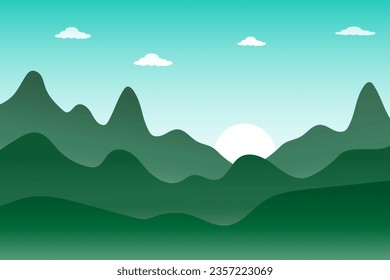 Cartoon vector illustration meadow and mountain sunset,Blue sky with clouds with hills and paddy field in nature landscape