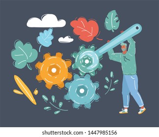 Cartoon vector illustration of mechanic with tool and gear. Man make repair. Human character on dark background.