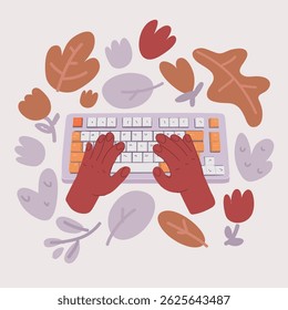 Cartoon vector illustration of mechanical keyboard and typing hand on it
