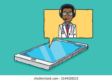 Cartoon vector illustration of medical conversation with doctor. Hand drawn doodle.