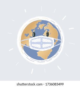 Cartoon vector illustration of Medical mask against a virus and globe.