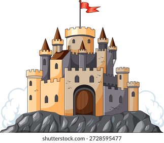 Ilustración vectorial de dibujos animados de un castillo medieval de piedra con torres en lo alto de una colina rocosa.