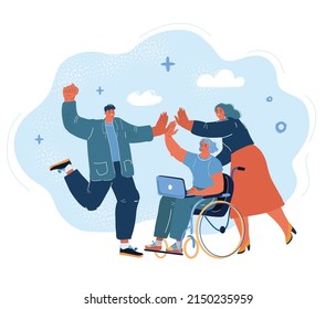 Cartoon vector illustration of Meeting in the office. Young happy people give high five to each other. A woman sits in a wheelchair and works at the computer