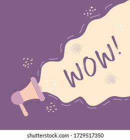 Dibujo vectorial de dibujos animados de megáfono. Discurso de burbujas y megáfonos. Ilustración de un altavoz con un cartel abstracto que dice wow. Cartel para marketing y publicidad de páginas web de negocios.