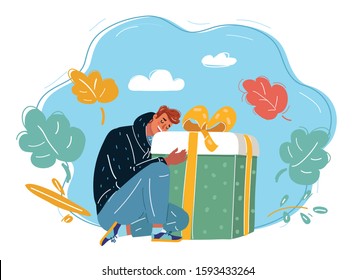 Cartoon vector illustration of men with big gift box on blue.