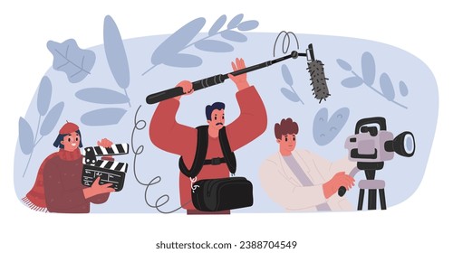 Cartoon vector illustration of men and woman movies shooting equipment. Concept characters with camera, microphone, woman with clapperboard