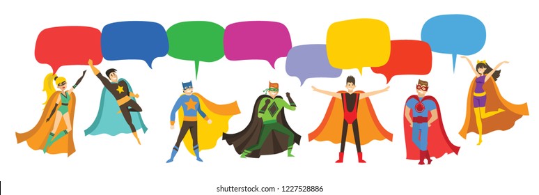 Cartoon vector illustration of men and women Superheroes wearing comics costumes and speech bubbles isolated on the white background.