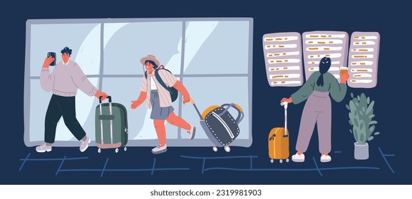 Cartoon vector illustration of Men and women with suitcases. Travelers with bags go home. Man and woman carry baggage. Vacation and screen departure and arrives over drak background