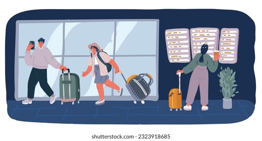 Cartoon vector illustration of Men and women with suitcases. Travelers with bags go home. Man and woman carry baggage. Vacation and screen departure and arrives over drak background