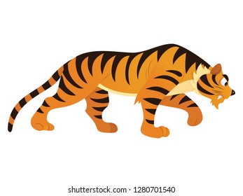 A cartoon vector illustration of a menacing tiger side view and looking down at the ground.