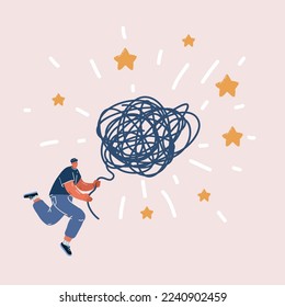 Cartoon vector illustration of Mental illness psychotherapy. Man untangle psychological tangle above human head. Mind therapy.