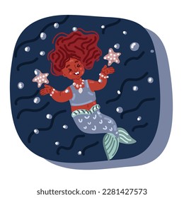Cartoon vector illustration Mermaid Afro Character Mythical Girl Little Nymph over dark background