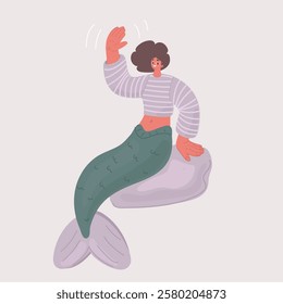 Cartoon vector illustration of mermaid girl wave to you on seashore. Mermaid wearing glasses on the ocean against the background of rocks.