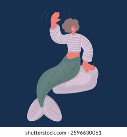 Cartoon vector illustration of mermaid in glasses over dark background