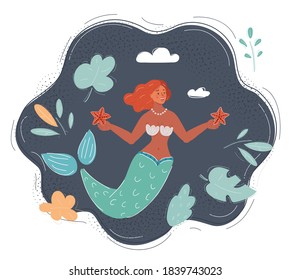 Cartoon vector illustration of Mermaid on dark background.