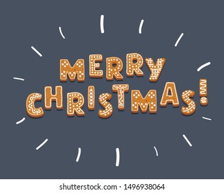 Cartoon vector illustration of merry christmas card design on dark background.