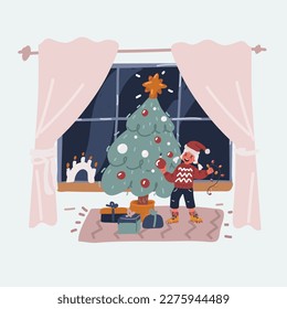 Cartoon vector illustration of Merry Christmas and Happy Holidays! Cute little child girl is decorating the Christmas tree indoors.