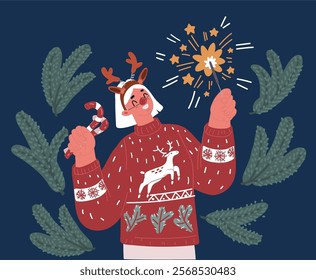 Cartoon vector illustration of merry young woman wear xmas sweater Santa hat posing do winner gesture celebrate clench fists isolated on plain pastel light green background Happy New Year 