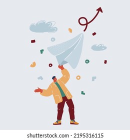 Cartoon vector illustration of Messaging with paper plane. Man sending messages