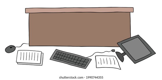 Cartoon vector illustration of messy office desk, computer and papers on the floor. Colored and black outlines.