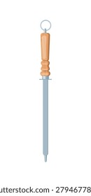 Cartoon vector illustration of a metallic knife sharpening steel rod or honing tool with a wooden handle. Isolated kitchen accessory.