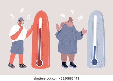 Dibujo vectorial de dibujos animados de termómetros de meteorología. Personajes de la caricatura sobre calor y clima frío en verano e invierno. Congelación y calor. Hombre y mujer