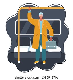 Cartoon vector illustration metro, subway. Human character in coat and briefcase hold on to the rail at late in the evening.