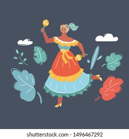 Cartoon vector illustration of mexican female dancer on dark background. Woman dance with maracas. Celebrate.