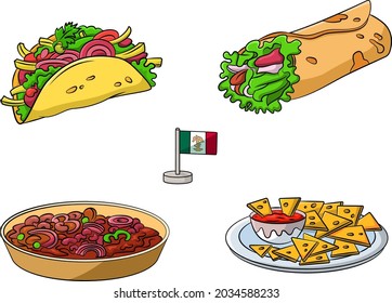 Cartoon vector illustration of a Mexican foods assortment