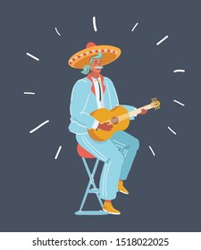 Cartoon vector illustration of A Mexican man playing guitar on dark background.