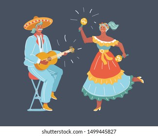 Cartoon vector illustration of Mexico Dancers at the Cinco De Mayo festival. Mexican and Latin music folk celebration.