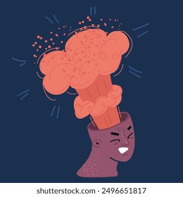 Cartoon vector illustration of Mind blowing concept with human head with opened braincase and nuclear explosion over dark background