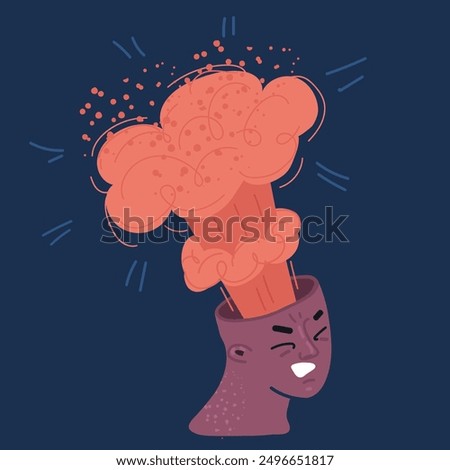 Cartoon vector illustration of Mind blowing concept with human head with opened braincase and nuclear explosion over dark background