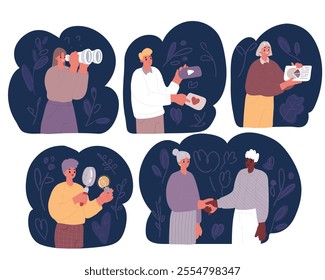 Cartoon vector illustration of Minimal Teamwork in business Team using binoculars and magnifier. Looking for the perfect candidate. Young HR team using binoculars, magnifier, woman with binoculars, ma